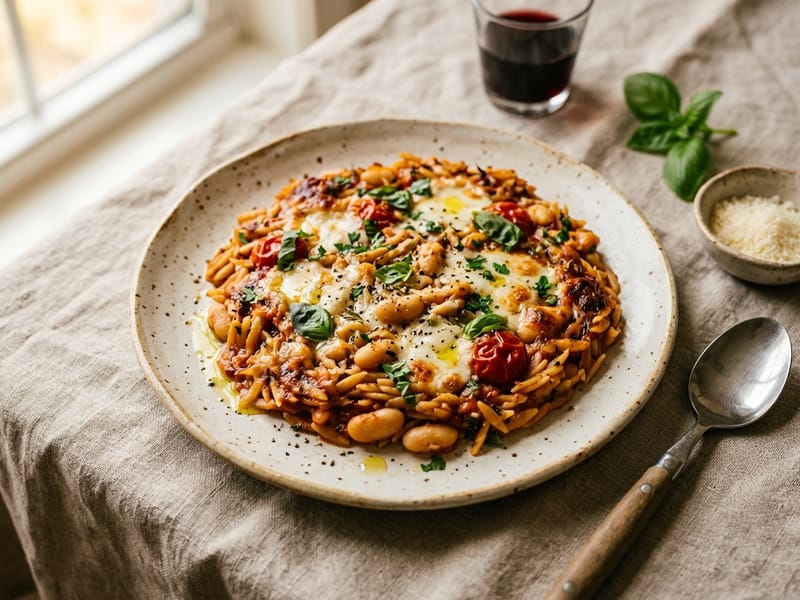 Baked Cannellini Bean and Tomato Orzo