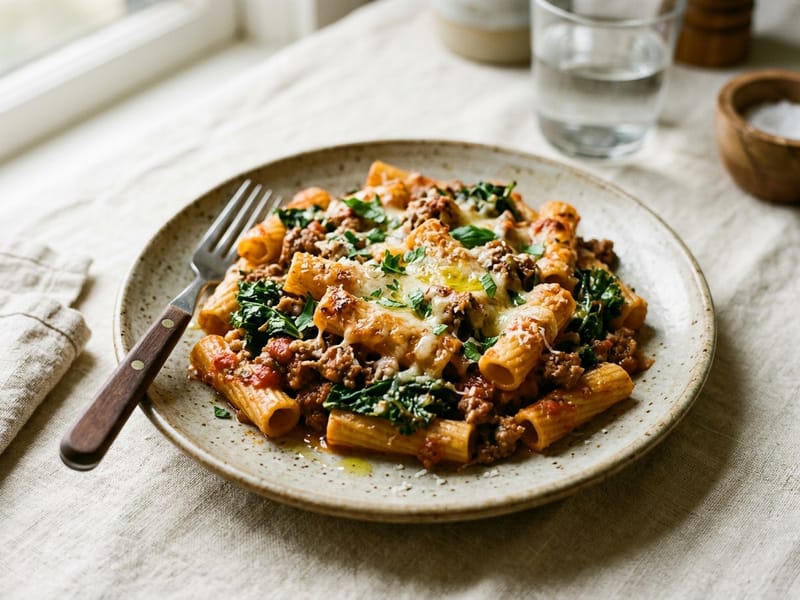 Baked Rigatoni with Ground Beef and Kale