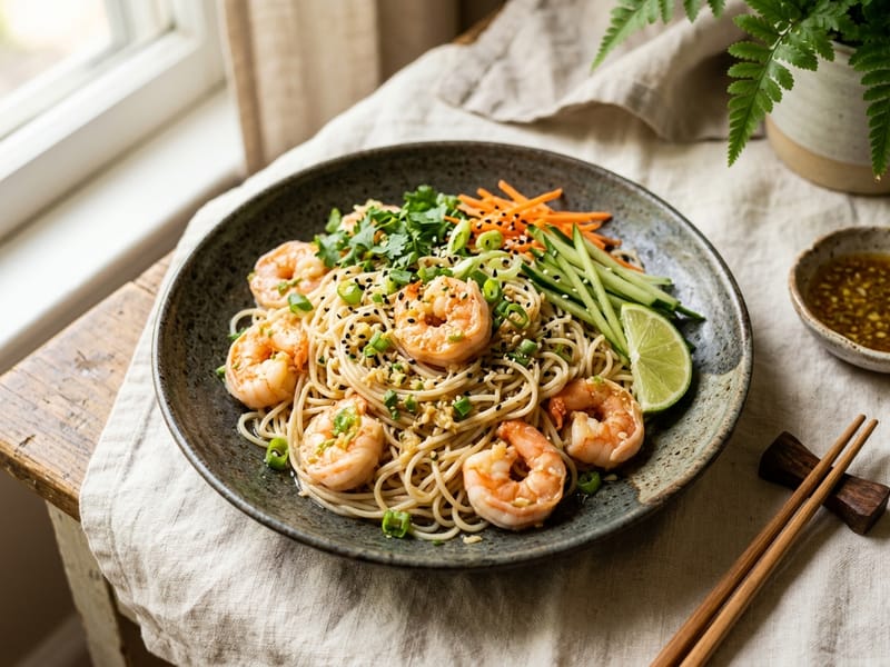 Cold Garlic Ginger Shrimp Noodle Bowl