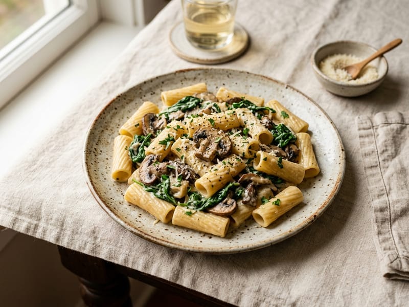 Creamy Mushroom and Spinach Rigatoni