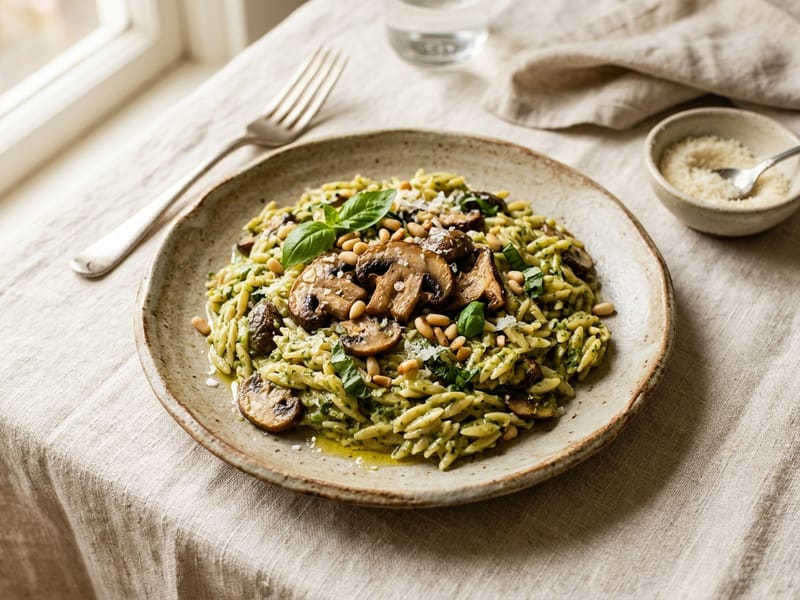 Creamy Pesto Orzo with Mushrooms