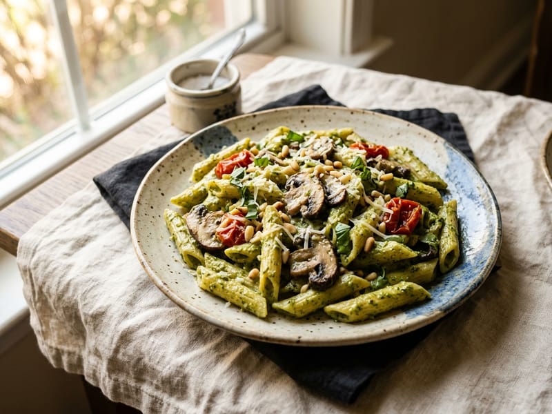 Creamy Pesto Penne with Mushrooms