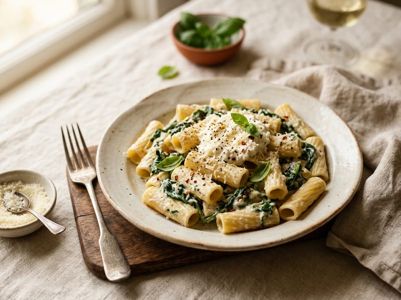 Creamy Ricotta and Spinach Rigatoni