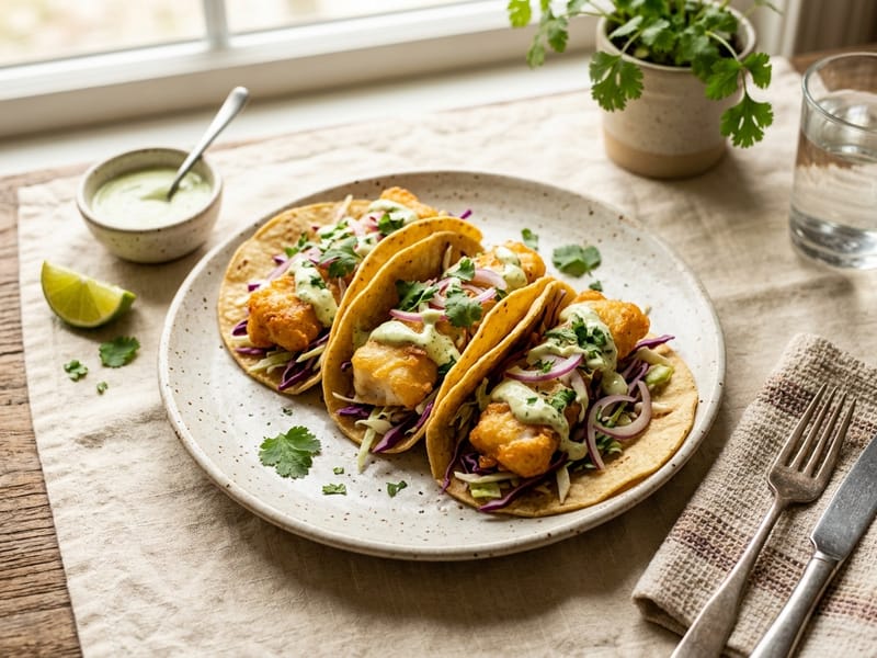 Crispy Fish Tacos with Lime Crema
