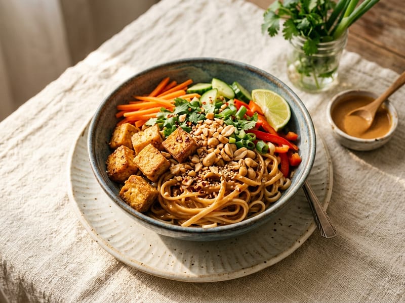 Crispy Tofu and Peanut Noodle Bowl