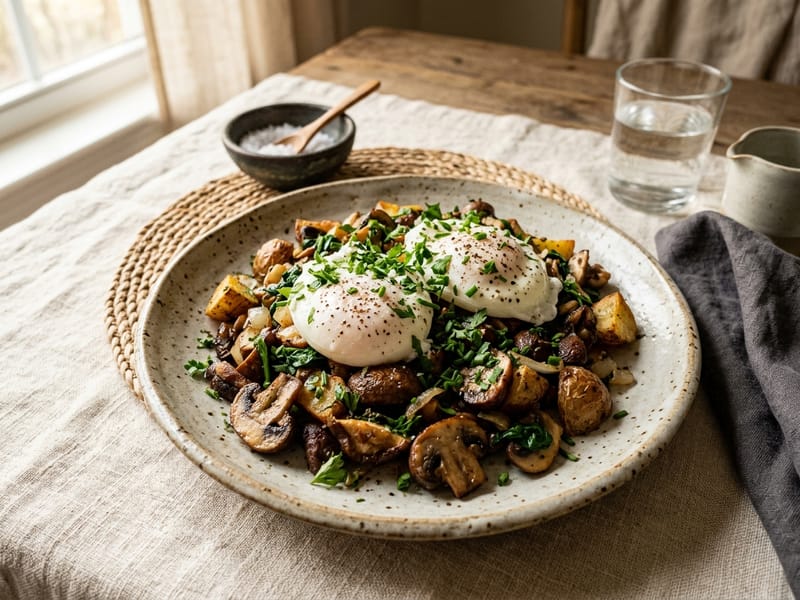 Garlic Butter Egg and Mushroom Hash