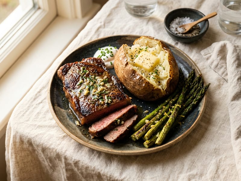 Garlic Butter Sirloin And Baked Potato