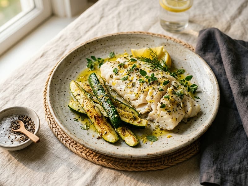 Greek Lemon Herb Cod with Zucchini