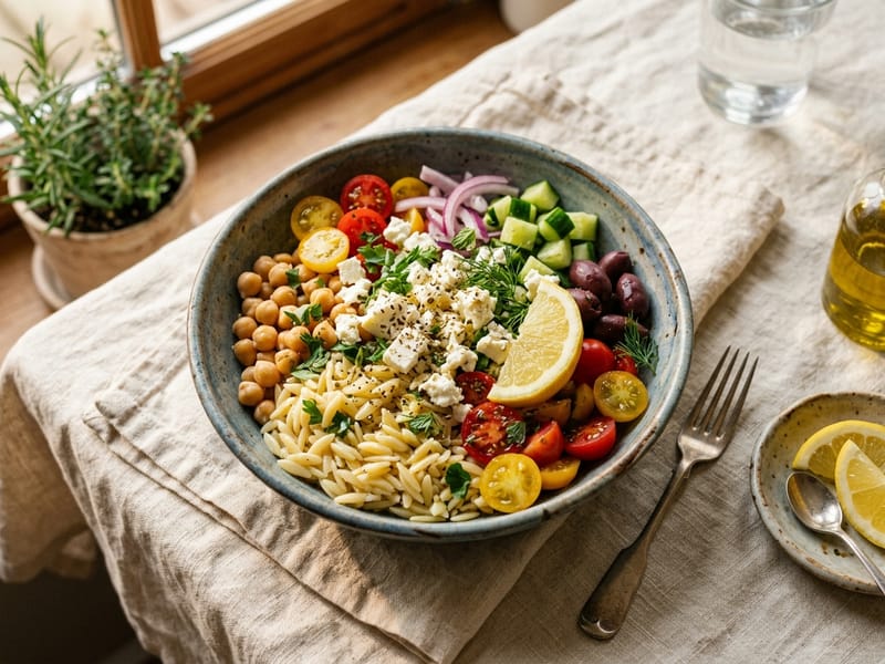Greek Orzo and Chickpea Bowl