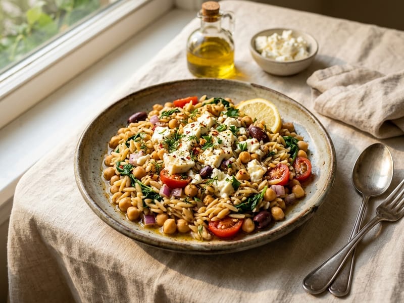 Greek Orzo and Chickpea Skillet