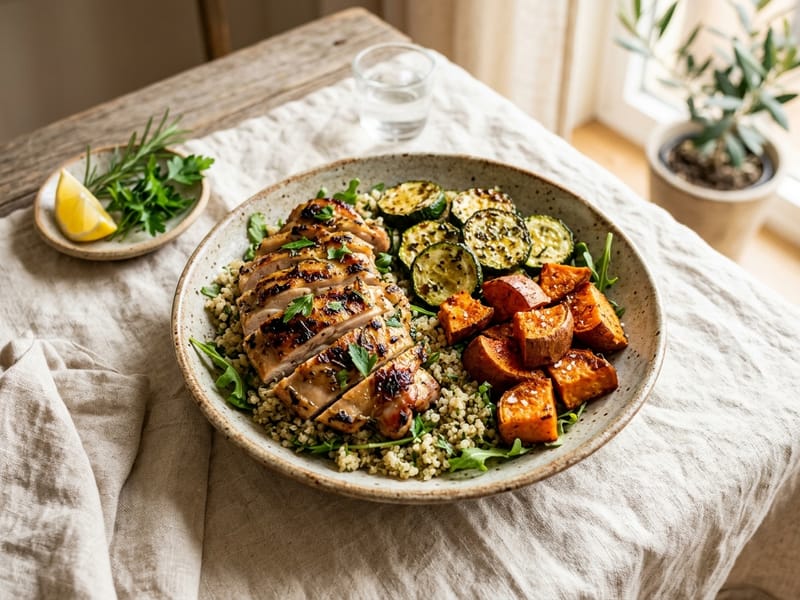 Grilled Lemon Herb Chicken And Vegetable Bowl