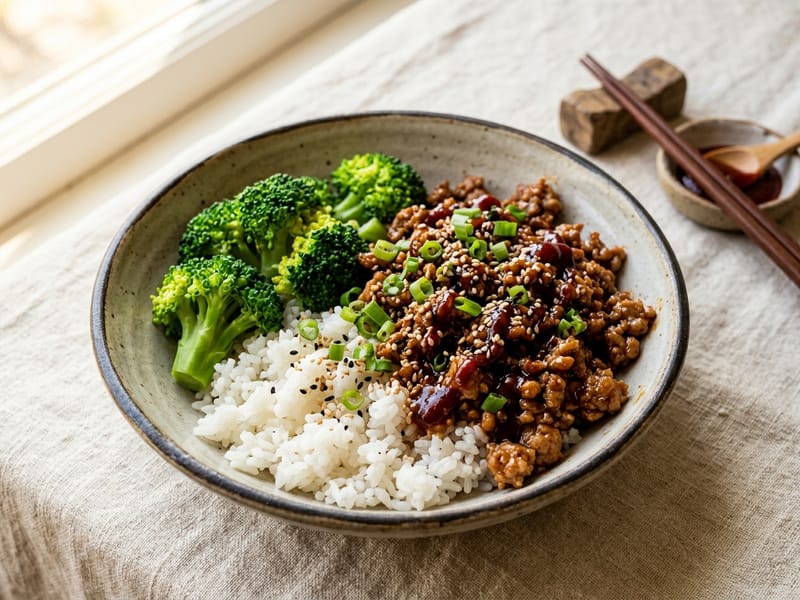 Korean Style Ground Turkey And Rice Bowl