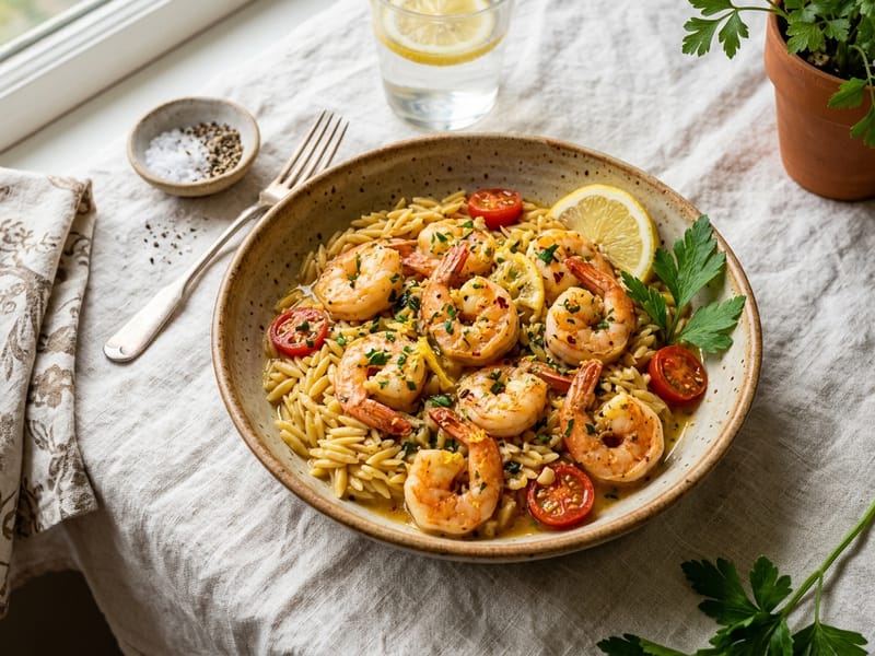 Lemon Garlic Butter Shrimp and Orzo