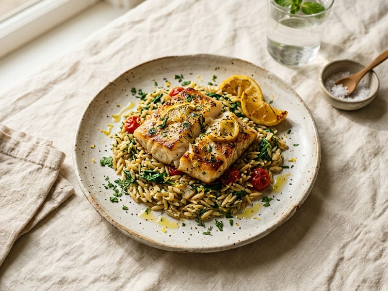 Lemon Herb Roasted Cod And Orzo