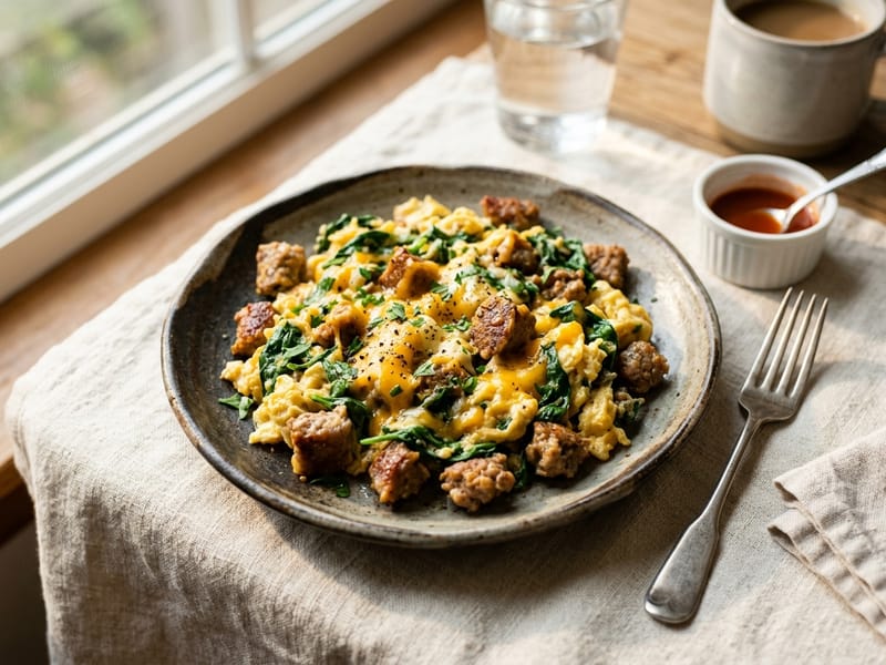 Loaded Sausage And Spinach Scramble