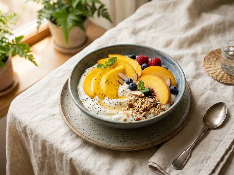 Mango Peach Greek Yogurt Bowl