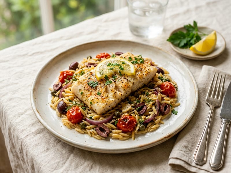 Mediterranean Baked Cod with Orzo