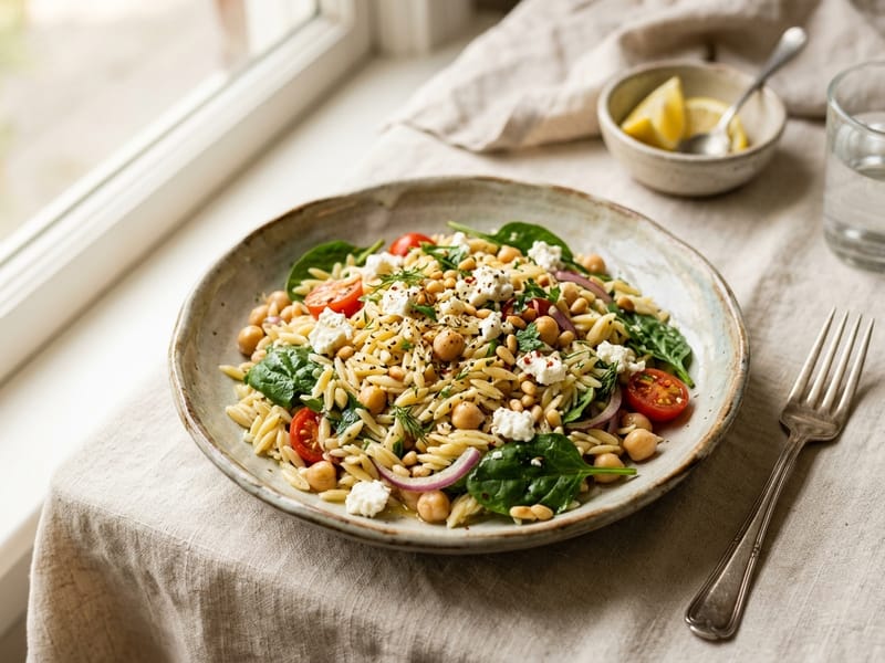 Mediterranean Chickpea and Spinach Orzo