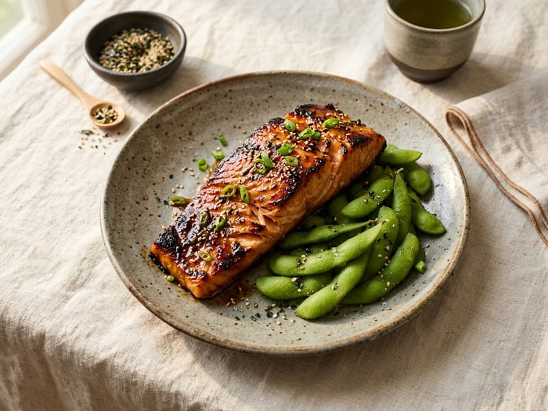Miso Glazed Salmon With Edamame