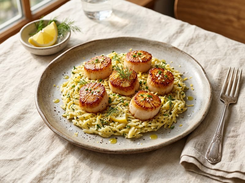 Pan Seared Scallops With Lemon Orzo