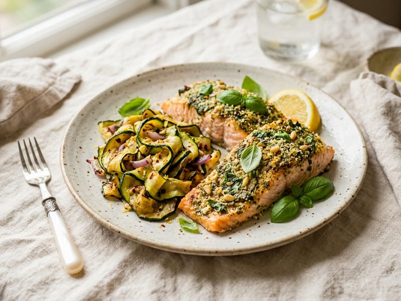 Pesto Baked Salmon With Roasted Zucchini