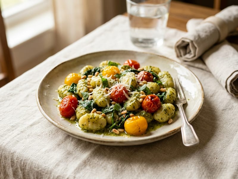 Pesto Gnocchi with Cherry Tomatoes and Spinach
