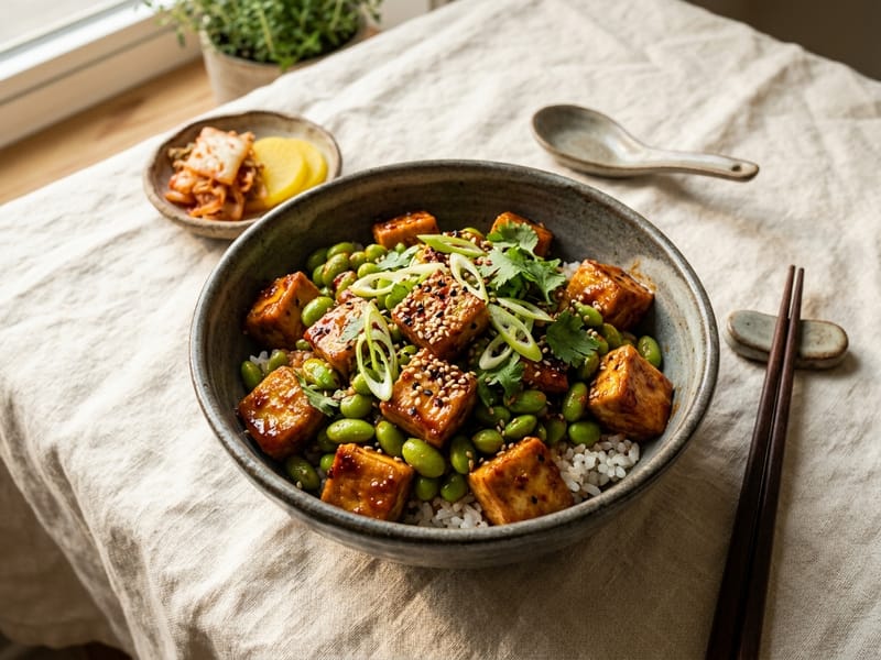 Quick Spicy Tofu and Edamame Bowl
