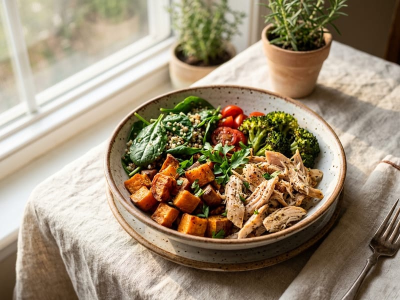 Roasted Sweet Potato And Chicken Power Bowl