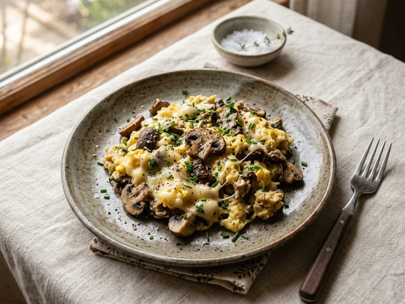 Savory Mushroom And Swiss Egg Scramble