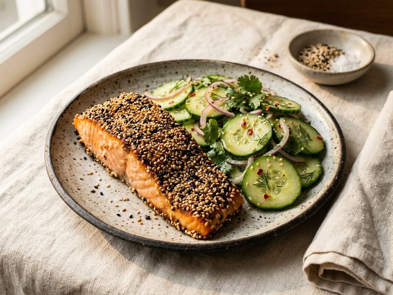 Sesame Crusted Salmon With Cucumber Salad