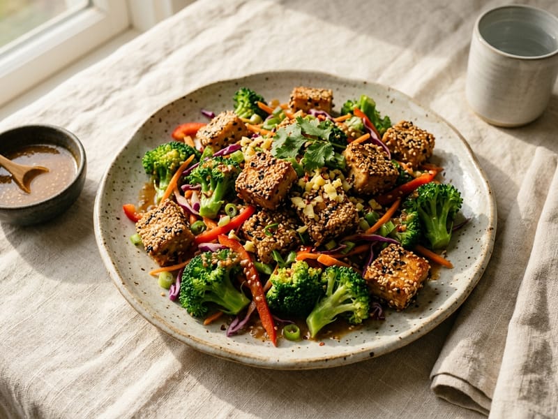 Sesame Crusted Tofu And Broccoli Salad