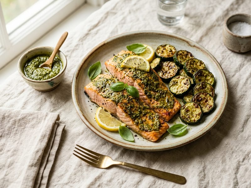 Sheet Pan Pesto Salmon And Zucchini