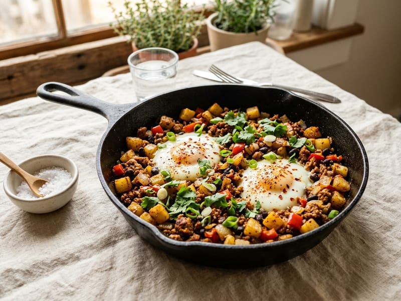 Spiced Ground Pork and Potato Breakfast Skillet