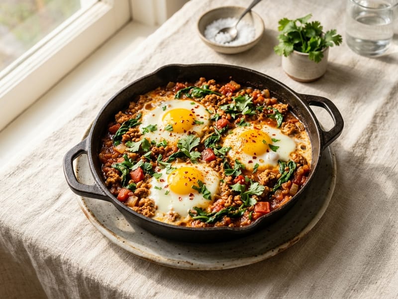 Spiced Ground Turkey And Spinach Shakshuka