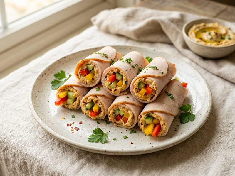 Spicy Deli Turkey Hummus Rollups