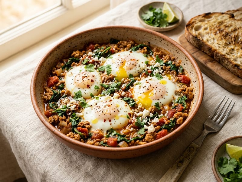 Spicy Ground Turkey And Spinach Shakshuka