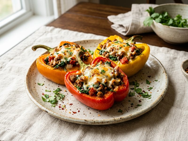Spicy Ground Turkey And Spinach Stuffed Peppers