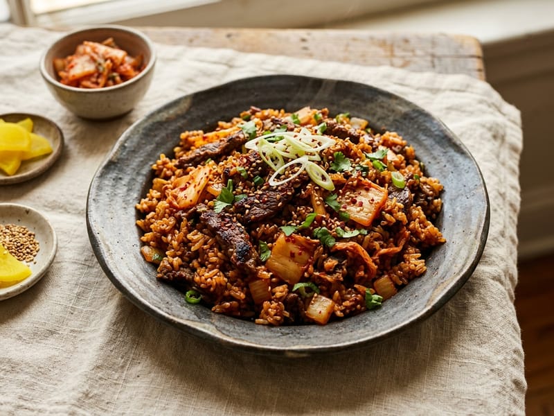 Spicy Kimchi Beef Rice Skillet