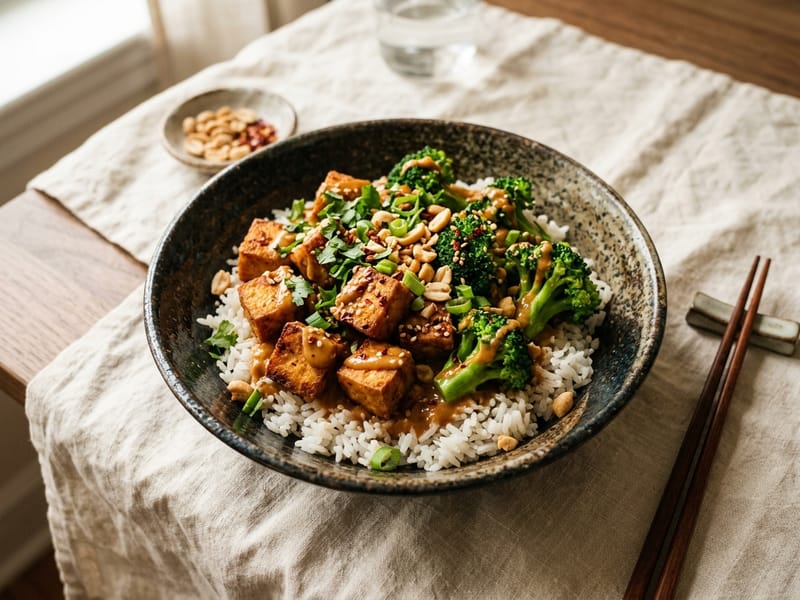 Spicy Peanut Tofu and Broccoli Bowl