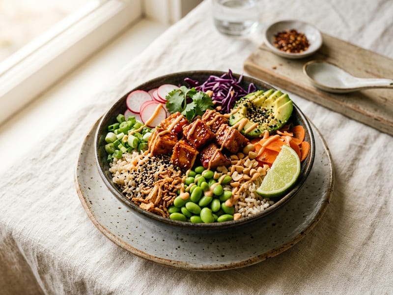 Spicy Tofu Edamame Crunch Bowl