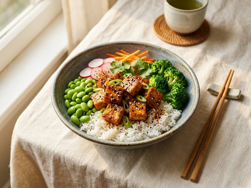Teriyaki Tofu and Edamame Rice Bowl